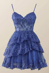 Hot Pink Short Prom Dress Straps Appliques Tiered Homecoming Dress Layered - MyChicDress